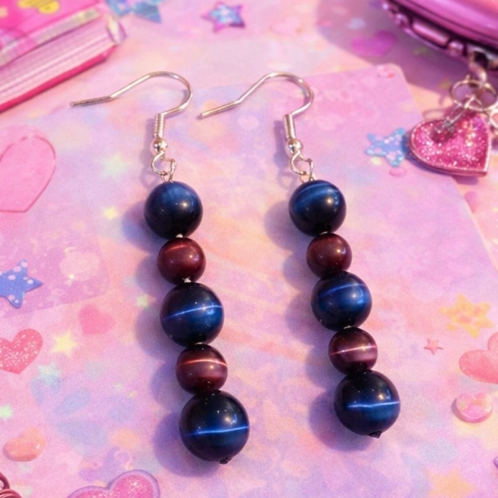 Dark Blue and Purple Earrings w/ Cats Eye Glass Beads Retro Y2K - New Item (2")
